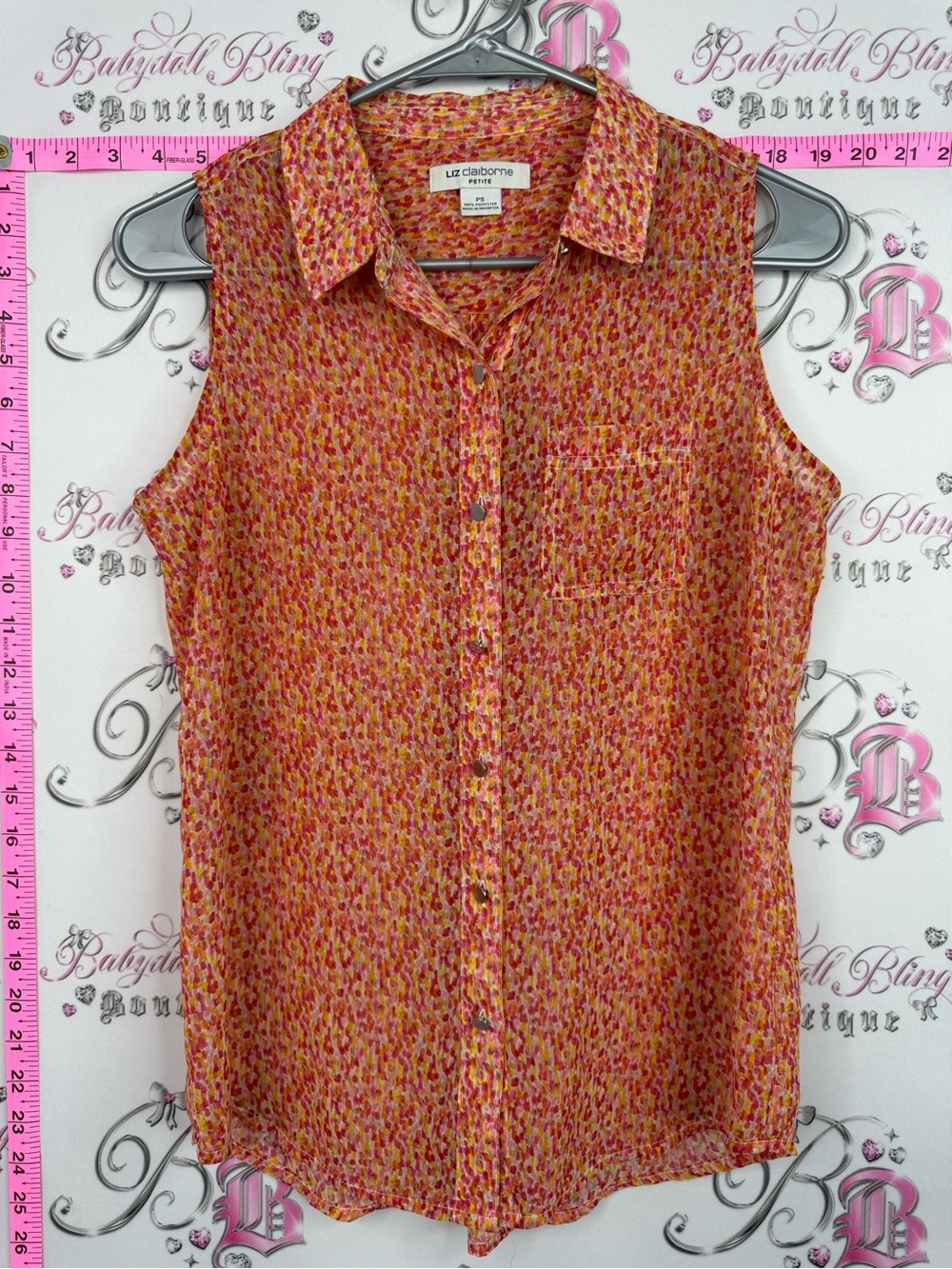 Liz Claiborne Sleeveless Button-Down Blouse in Coral, Pink and Yellow Print